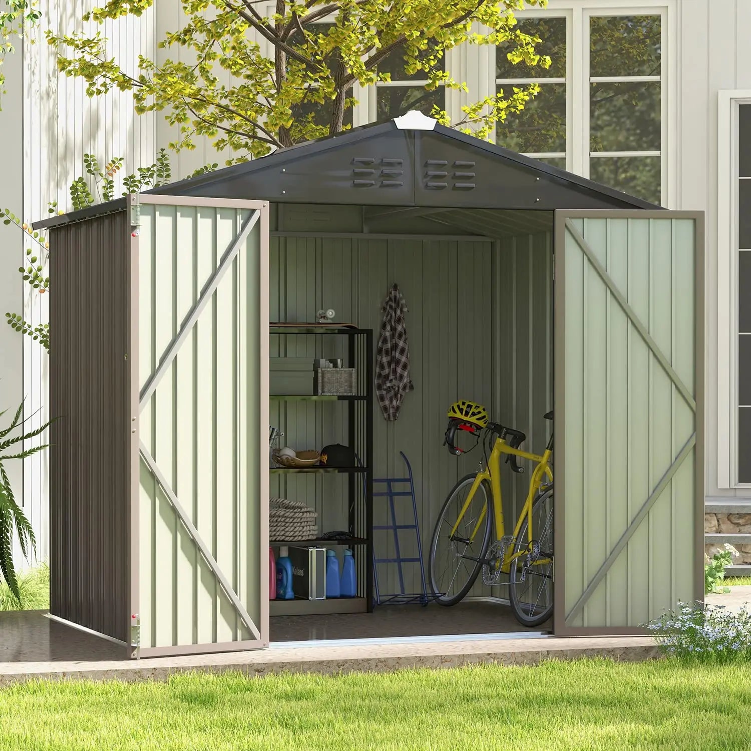 8x6 FT Outdoor Storage Shed, Metal Tool shed & Outdoor Storage with Lockable Doors & Air Vents, Customized