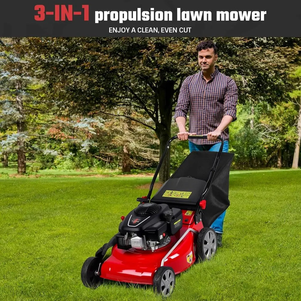 3-in-1 131cc 4-Cycle Gas Lawn Mower with 50L Grass Bag, Adjustable Cutting Height, Quiet & Fuel-Efficient for Yard Work