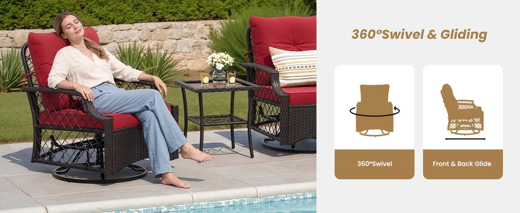 Farini 3-Piece Swivel Patio Bistro Set, Wicker Furniture, Swivel Glider Chairs with Cushions & Table,All-Weather Rattan, Porch