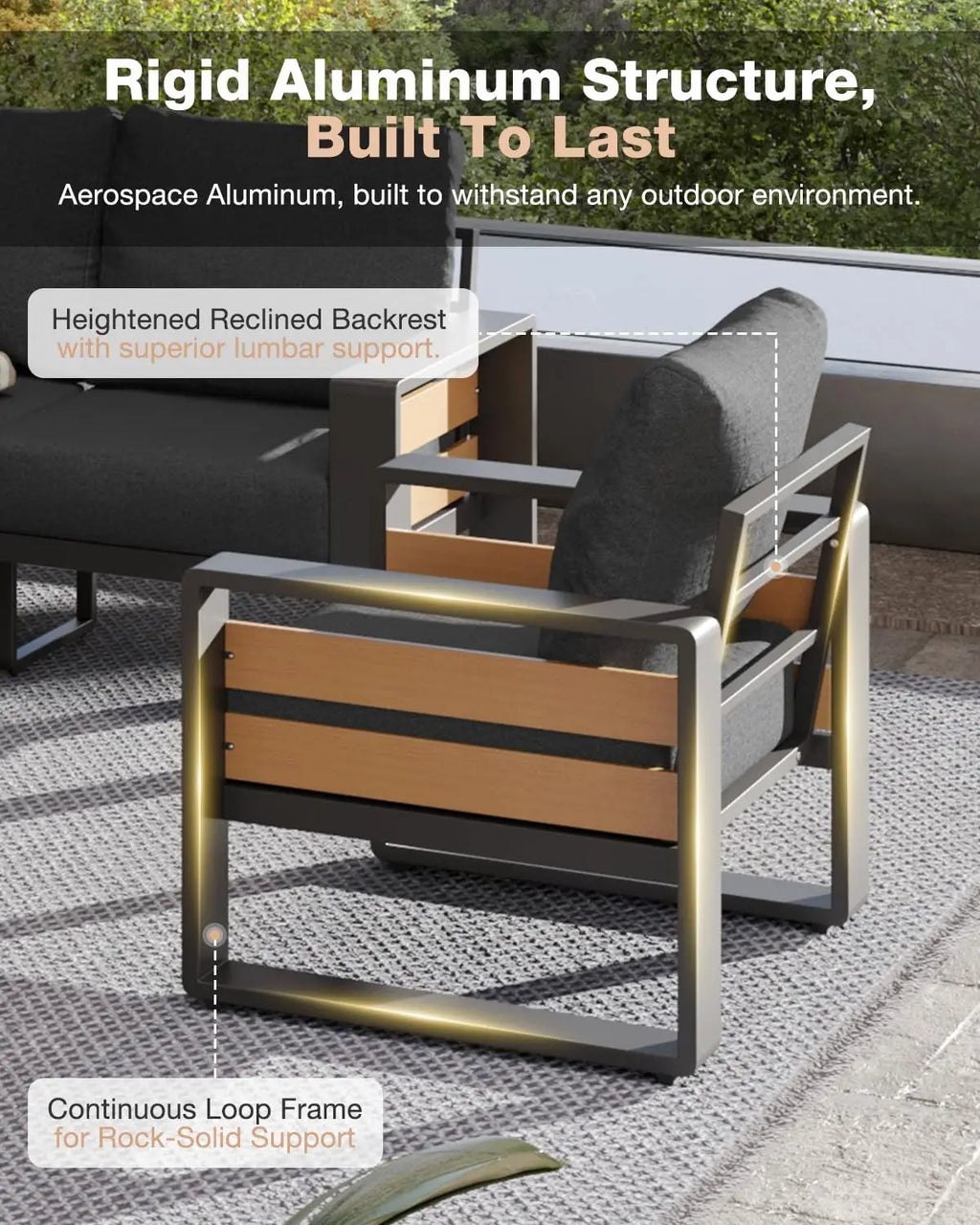 Aluminum Patio Furniture Set, 5 Piece Luxury Outdoor Sectional with 6" Olefin Fabric Cushions, Patio Conversation, Customized