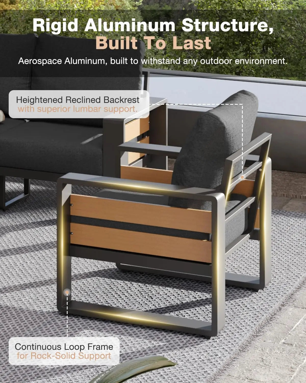 Aluminum Patio Furniture Set, 5 Piece Luxury Outdoor Sectional with 6" Olefin Fabric Cushions, Patio Conversation, Customized