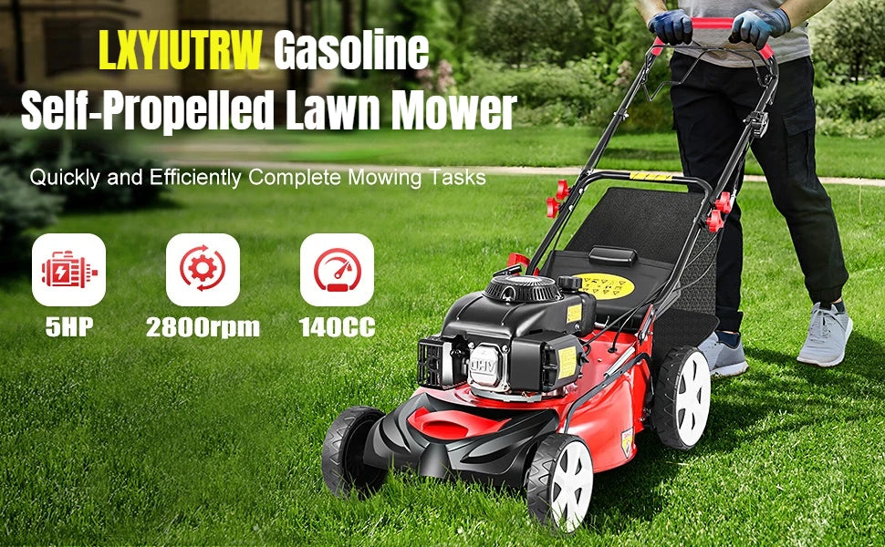 Self Propelled Gas Lawn Mower 20Inch,140CC Gas Powered Lawnmower 4-Stroke Walk Behind Handle Mulching Push Lawn Mower w/Bag