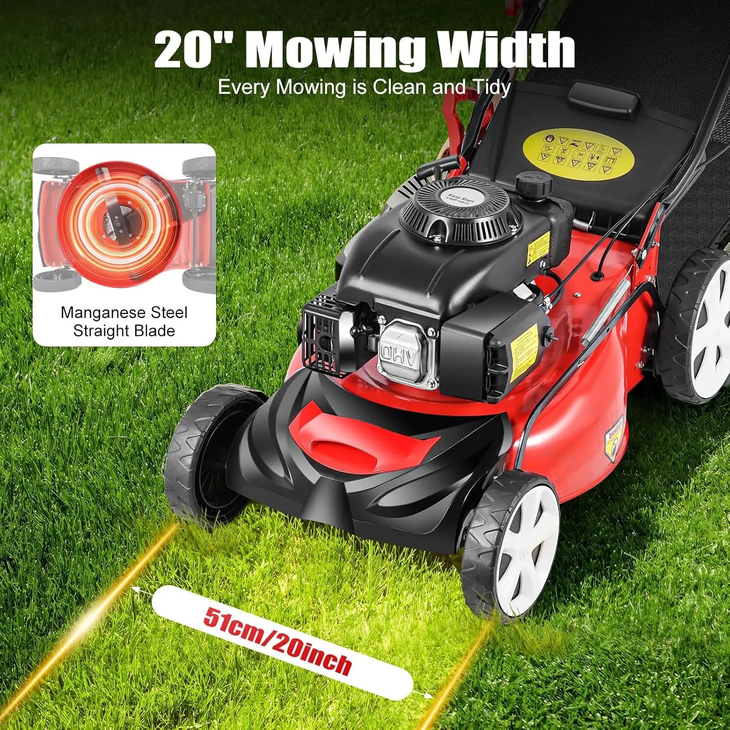 20In Self Propelled Gas Lawn Mower, 4-Stroke 5HP 140CC 2800RPM, 3-in-1 OHV Engine w/8 Gears Height Adjustments & Large Fuel Tank