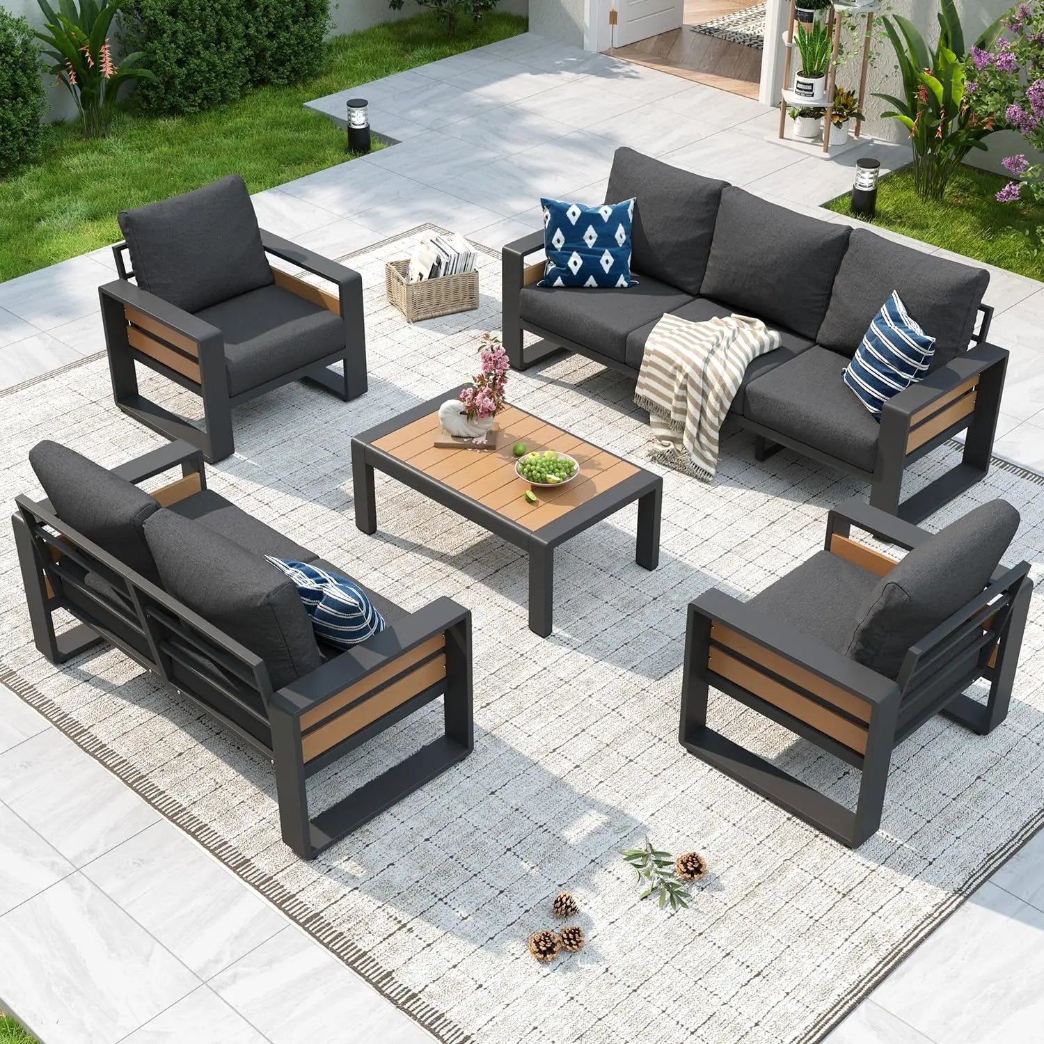Aluminum Patio Furniture Set, 5 Piece Luxury Outdoor Sectional with 6" Olefin Fabric Cushions, Patio Conversation, Customized