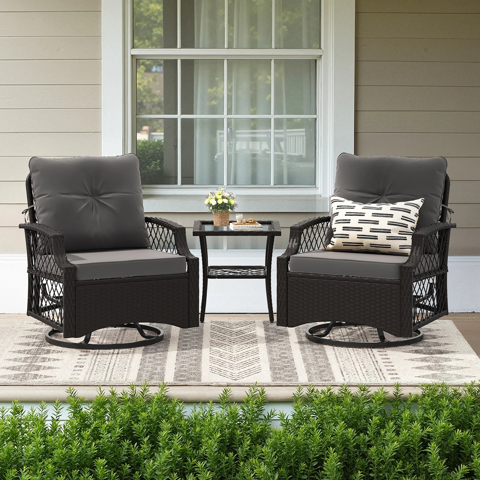 Farini 3-Piece Swivel Patio Bistro Set, Wicker Furniture, Swivel Glider Chairs with Cushions & Table,All-Weather Rattan, Porch