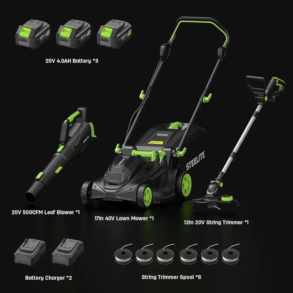 40V 17" Electric Lawn Mower & 12" String Trimmer & 500CFM Leaf Blower Combo Set, 3-in-1 Yard Care Kit with 3x4.0Ah Batteries & D