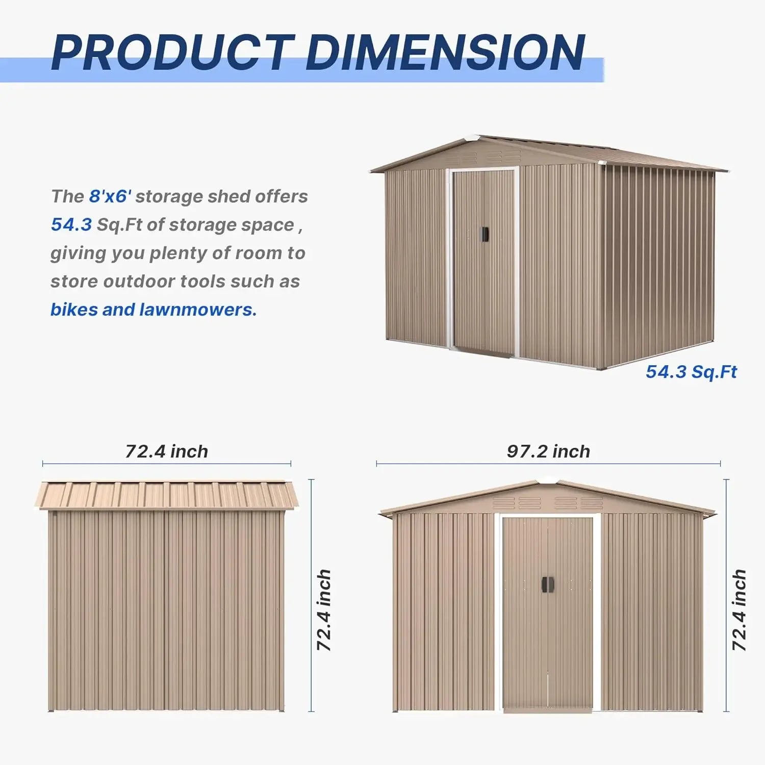 8x6FT Galvanized Steel Outdoor Storage Shed w/ Sliding Door Air Vent for Backyard Garden Patio Lawn, Custom