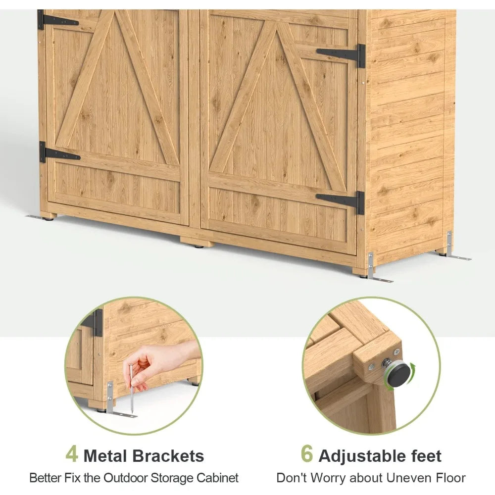 Outdoor Storage Cabinet with Waterproof Roof, Double Door Lockable Garden Shed with 2 Removable Shelves, Wooden Storage Shed