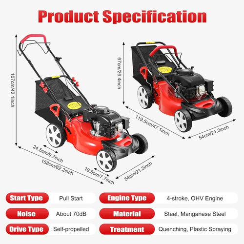 20In Self Propelled Gas Lawn Mower, 4-Stroke 5HP 140CC 2800RPM, 3-in-1 OHV Engine w/8 Gears Height Adjustments & Large Fuel Tank