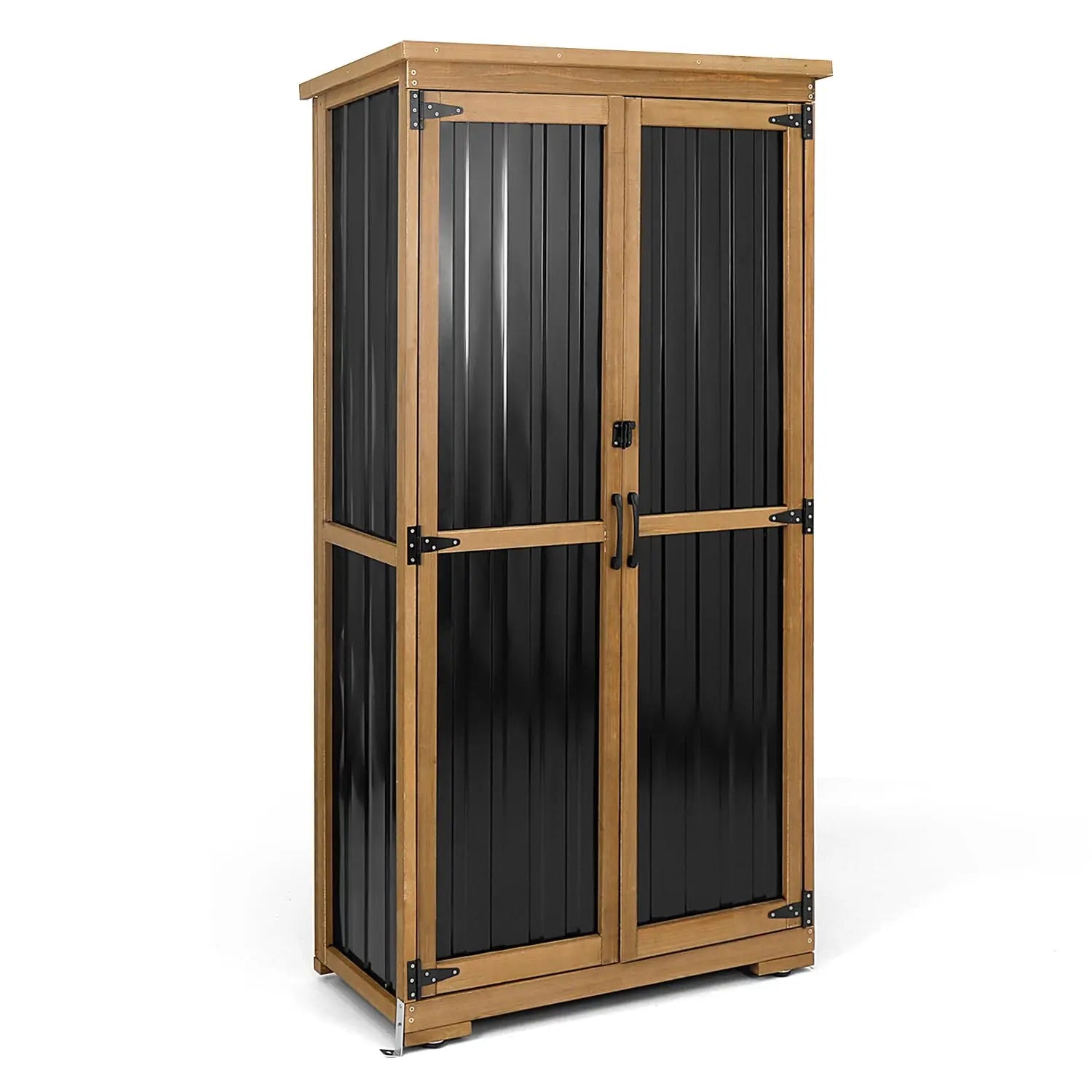 Outdoor Storage Cabinet, Wood & Metal Storage Shed with Weather-Resistant Roof, Removable Shelves, Lockable Doors, Customized