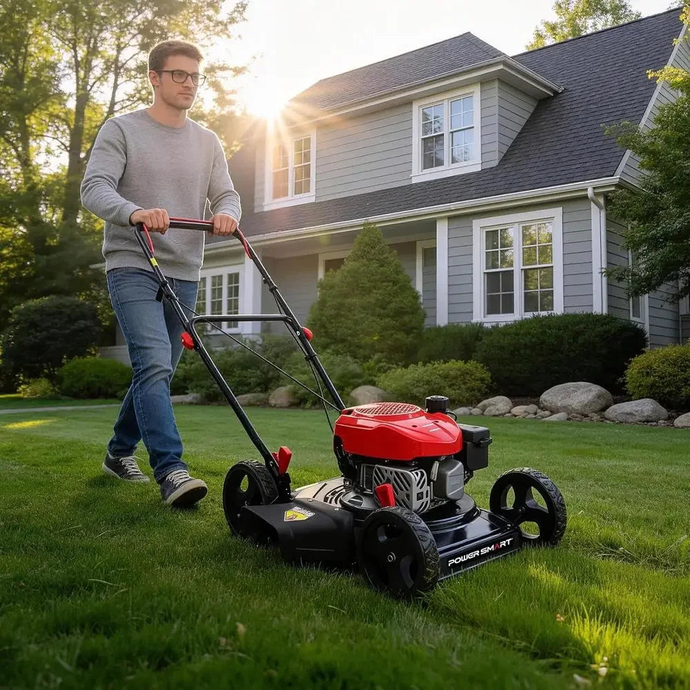 EasyCut 18" 144cc Gas Lawn Mower, Heavy-Duty Steel Deck, Side Discharge, 5-Position Height Setting, Walk-Behind Push Mower with