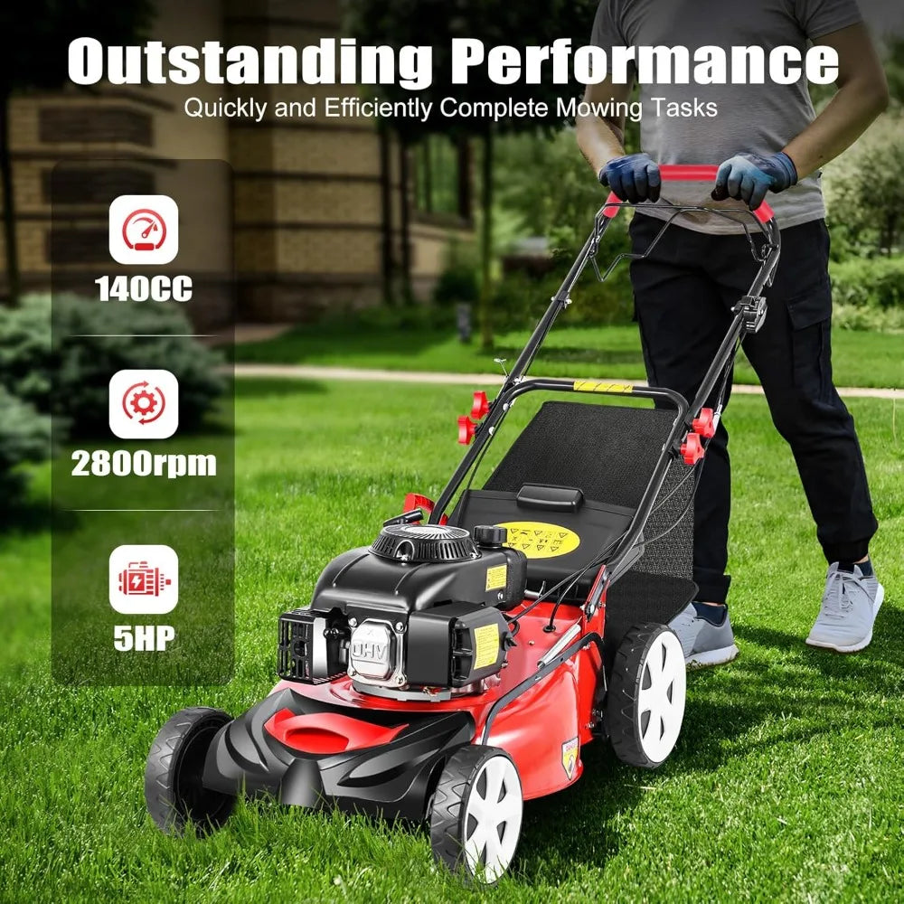 20In Self Propelled Gas Lawn Mower, 4-Stroke 5HP 140CC 2800RPM, 3-in-1 OHV Engine w/8 Gears Height Adjustments & Large Fuel Tank
