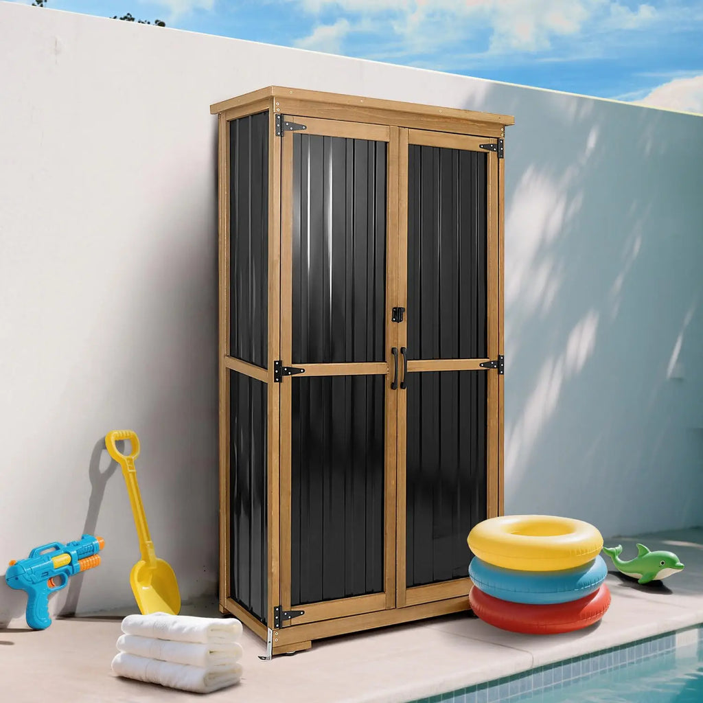 Outdoor Storage Cabinet, Wood & Metal Storage Shed with Weather-Resistant Roof, Removable Shelves, Lockable Doors, Customized