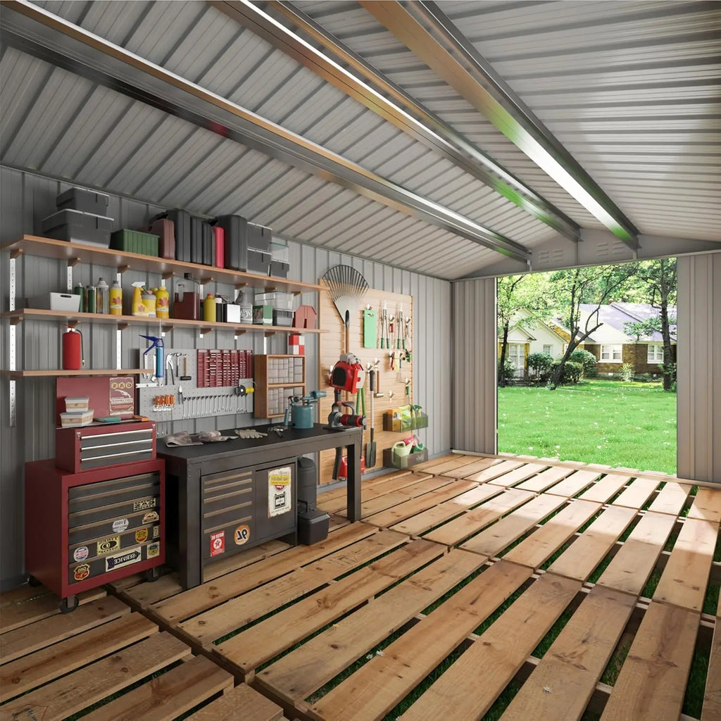 VIWAT 10x10~12x18FT Outdoor Metal Storage Heavy-Duty Frame Shed w/ Lockable Door, Heavy-Duty Tool Shed For Backyard Patio Graden