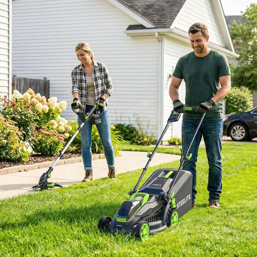 20V Electric Lawn Mower & String Trimmer Combo, 13-Inch BrushlCordlLawn Mower with 4.0Ah & 2.0Ah Batteries and , Lightweight Pus