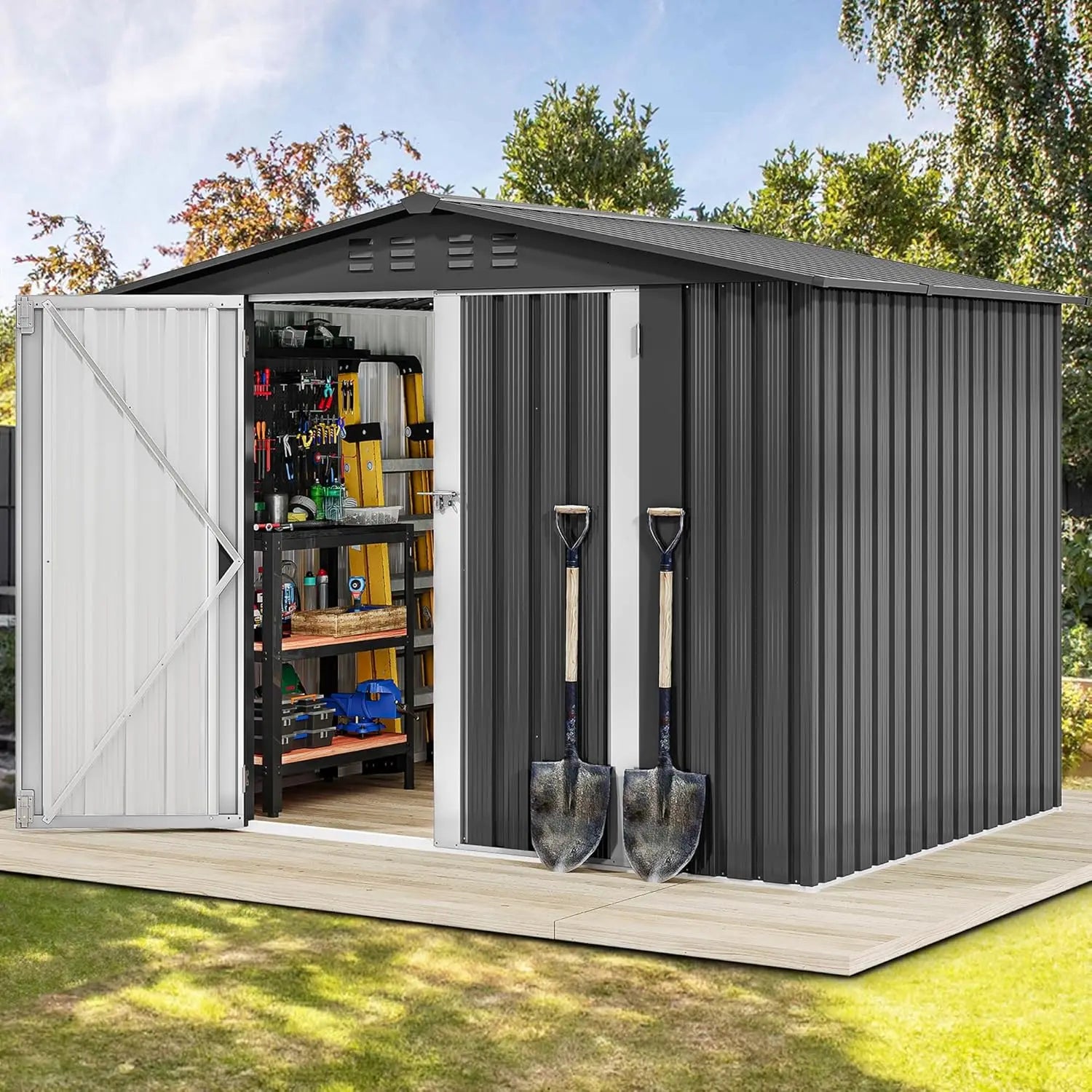 Steel Storage Shed Secure Entrances & Air Circulation Patio Lawn 7x5FT, Custom