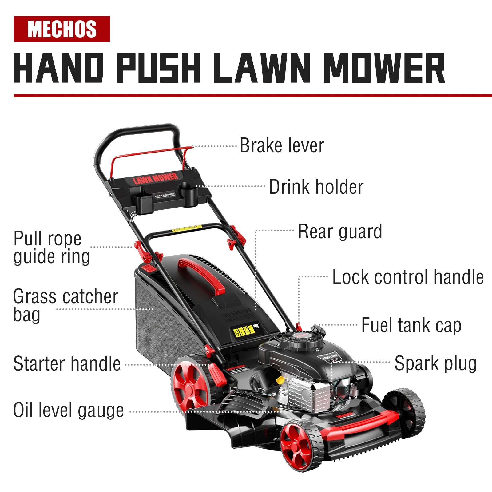 Gas Powered Push Lawnmower, Self-Propelled Gas Lawnmower, 21-Inch Cutting Deck, 201cc 4-Cycle Engine, 8 Levels Adjustable Cutting Height, 3-in-1 Functions (Bagging, Mulching and Side Discharge)