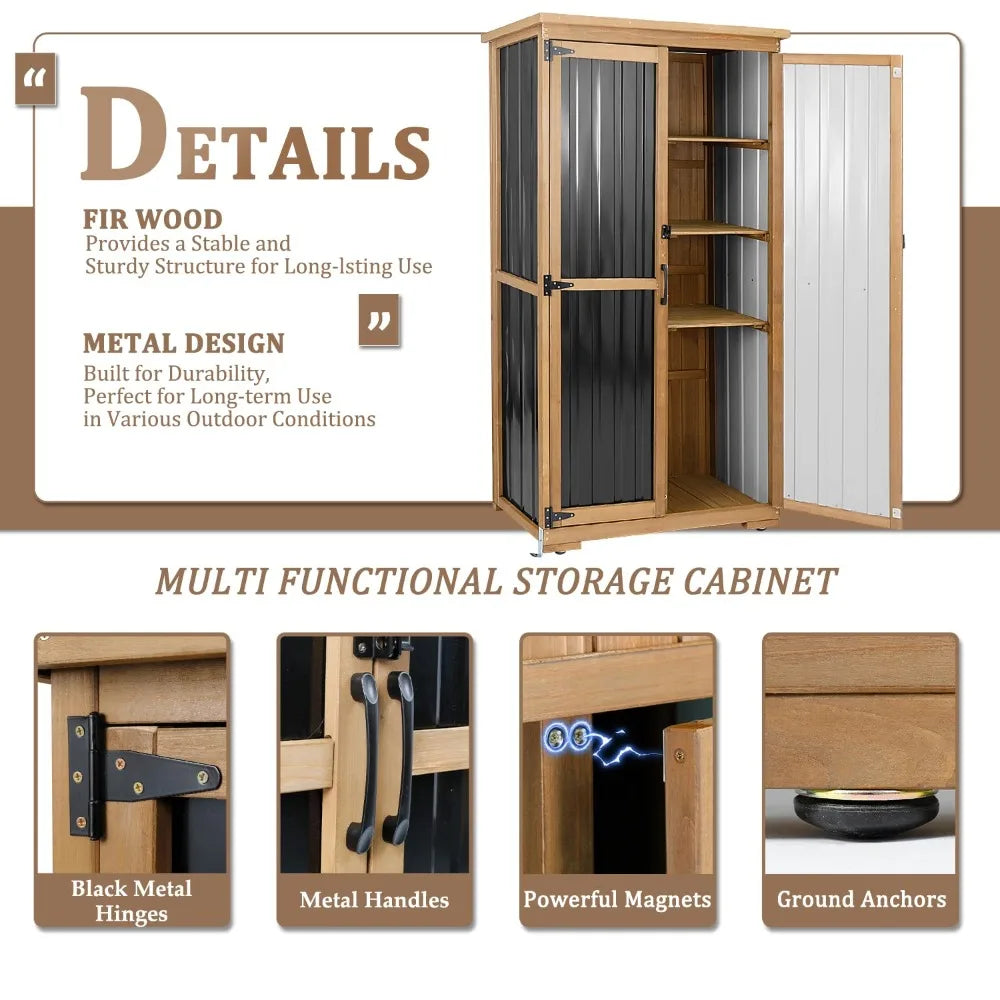 Outdoor Storage Cabinet, Wood & Metal Storage Shed with Weather-Resistant Roof, Removable Shelves, Lockable Doors, Customized