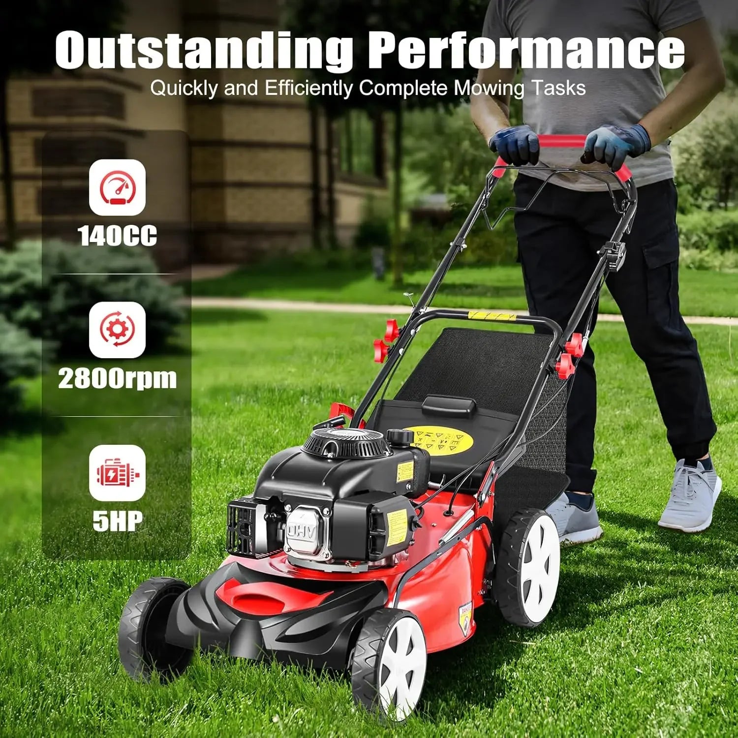 Self-Propelled 140cc Petrol Lawn Mower, 20-Inch Blade, 60L Grass Tank, Large Wheels, 2800 RPM