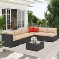 7-Piece Outdoor Patio Furniture Sofa Set Black Rattan Wicker Sectional Conversation Sets with Glass Top Table and Cushions(Red)