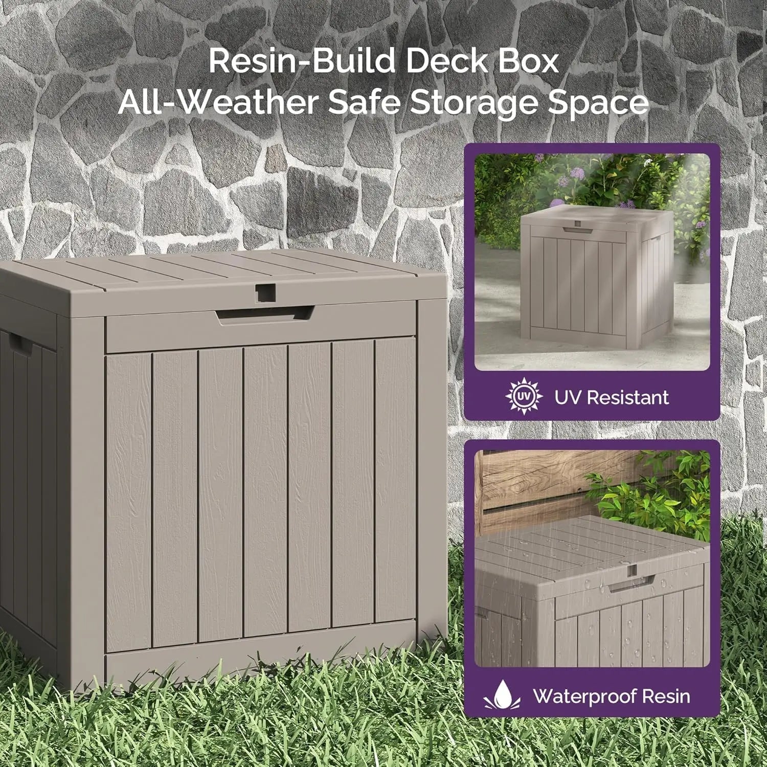 Outdoor Deck Box: Lockable Package Delivery Box, Weather-Resistant Outdoor Storage Bin, 30-Gallon Faux Plank Driftwood