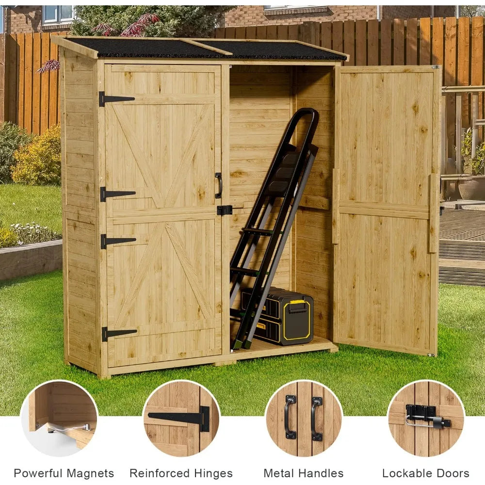 Outdoor Storage Cabinet with Waterproof Roof, Double Door Lockable Garden Shed with 2 Removable Shelves, Wooden Storage Shed