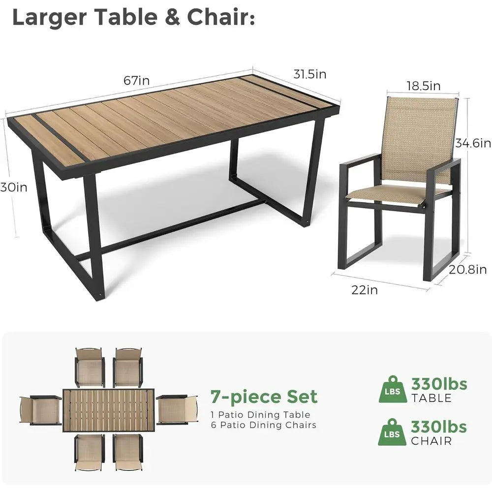 7 Piece Patio Dining Set or 6, Outdoor urniture Set Includes 67" RecPatio Table and 6 Textilene Dining Chairs, Outdoor Table and