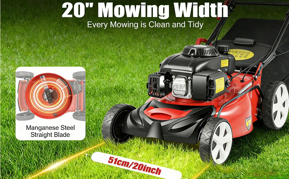 Self Propelled Gas Lawn Mower 20Inch,140CC Gas Powered Lawnmower 4-Stroke Walk Behind Handle Mulching Push Lawn Mower w/Bag