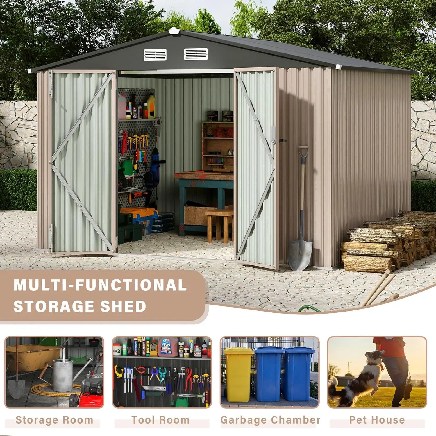 8x10 ft Metal Outdoor Storage Shed, Lockable Door & Air Vent, Yard/Garden Tool Shed for Backyard Patio Lawn, Customized