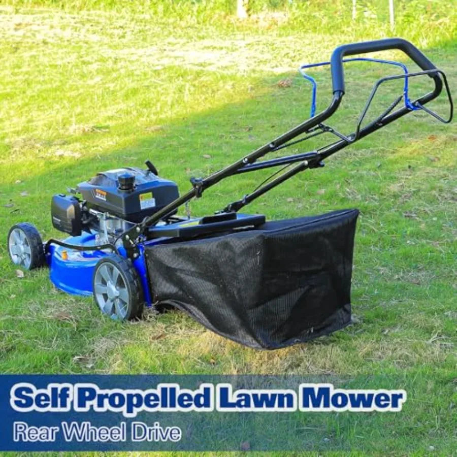 21 Inch Self Propelled Gas Lawn Mower 201cc 4-Cycle OHV Engine 3-in-1 Functions Bagging Mulching and Side Discharge with 8-Posi
