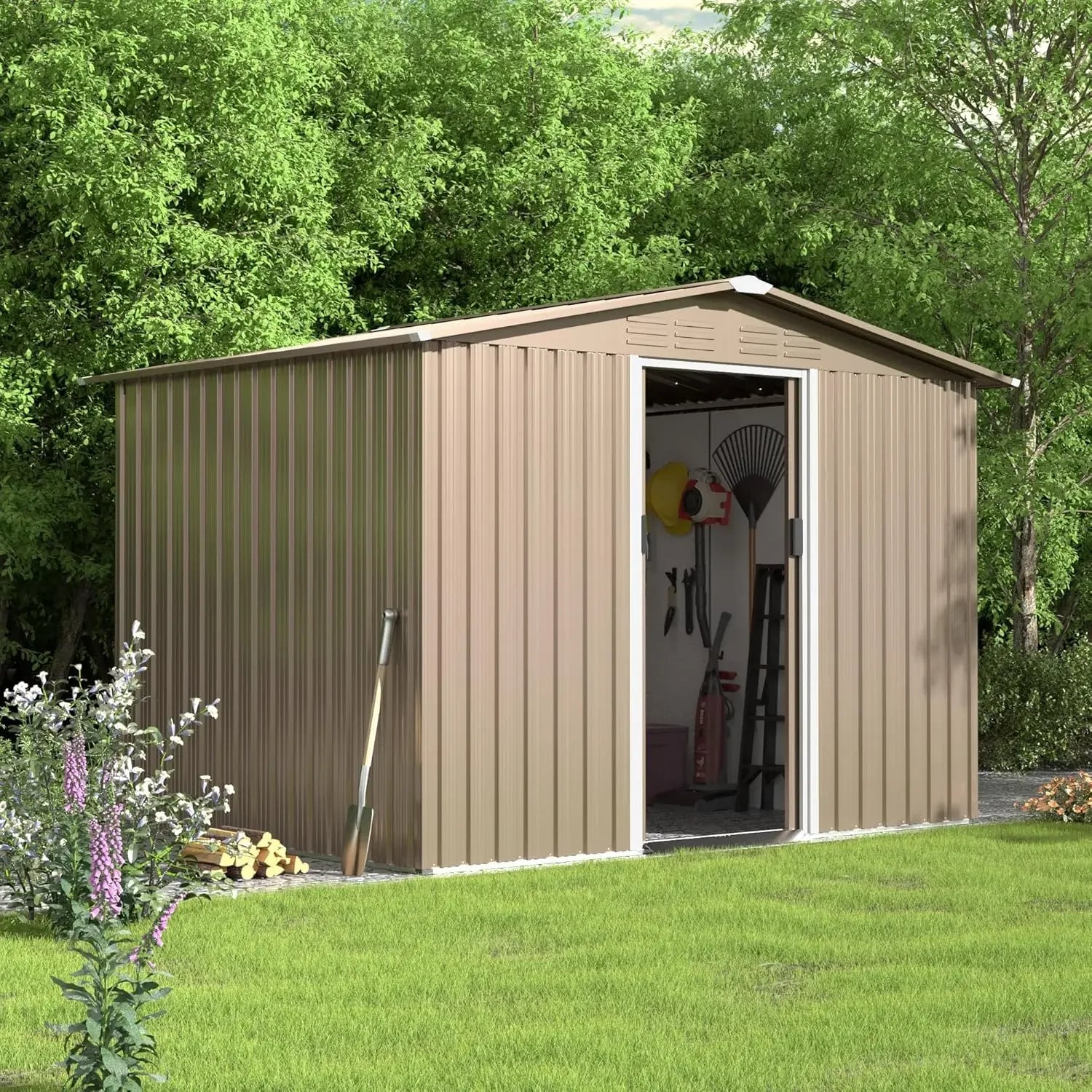 8x6FT Galvanized Steel Outdoor Storage Shed w/ Sliding Door Air Vent for Backyard Garden Patio Lawn, Custom
