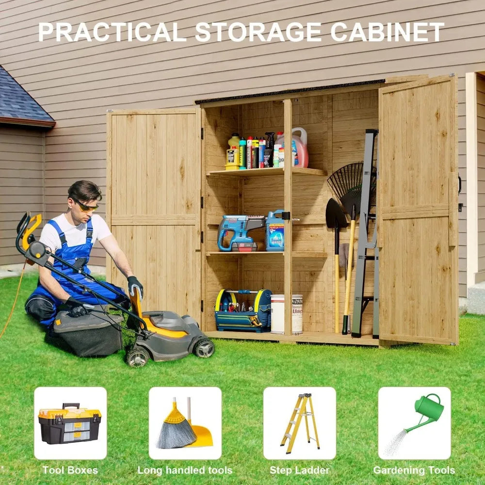 Outdoor Storage Cabinet with Waterproof Roof, Double Door Lockable Garden Shed with 2 Removable Shelves, Wooden Storage Shed