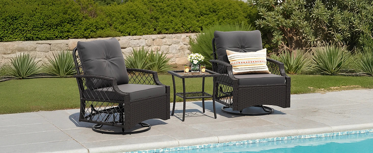 Farini 3-Piece Swivel Patio Bistro Set, Wicker Furniture, Swivel Glider Chairs with Cushions & Table,All-Weather Rattan, Porch