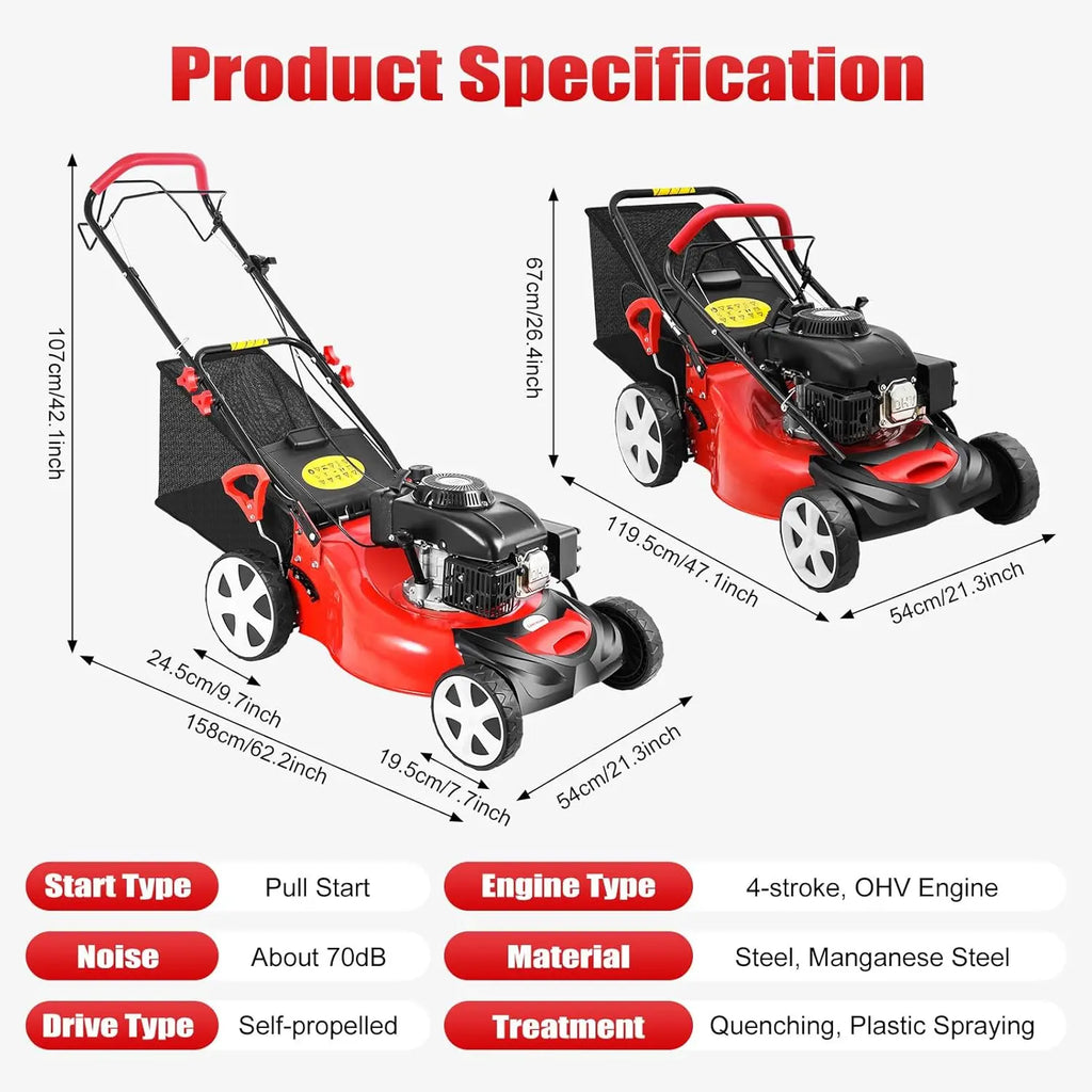 Self-Propelled Gas Lawn Mower 20 Inch, 140CC 4-Stroke Walk Behind with Mulching, 15.85 Gallon Bag & 8 Height Adjustments