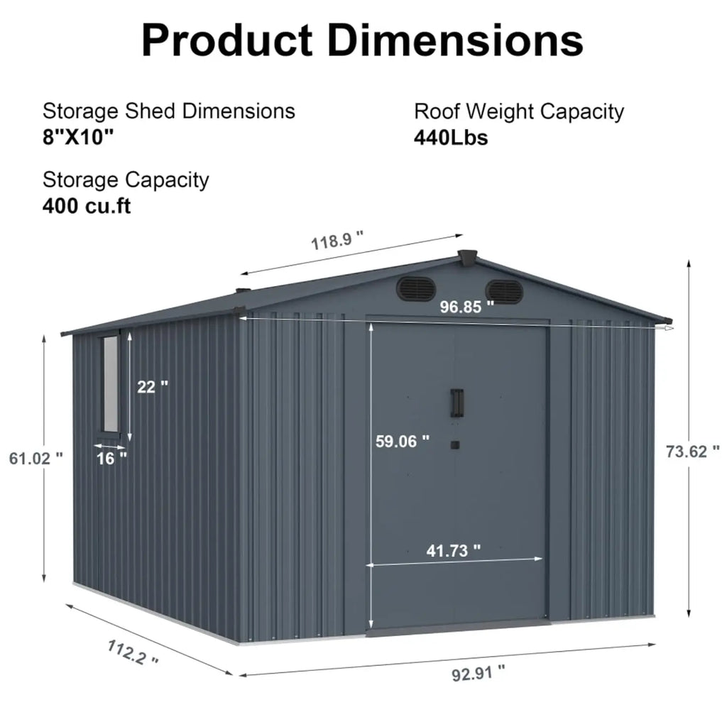8x10 FT Outdoor Storage Metal Shed with Window & Lockable Doors for Backyard Garden Patio Lawn, Custom