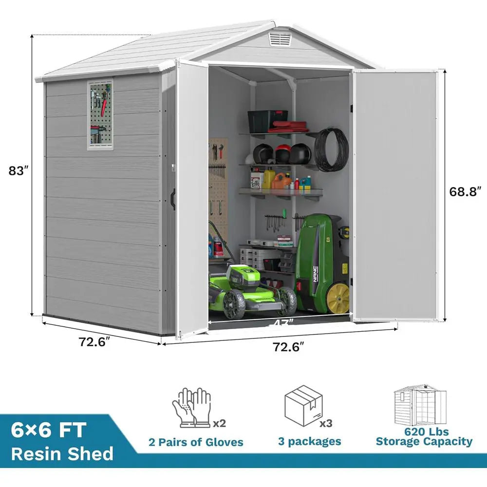 6x6 Outdoor Plastic Storage Shed with Lockable Door, Window, and Floor - Easy Assembly for Garden or Backyard, Light Gray