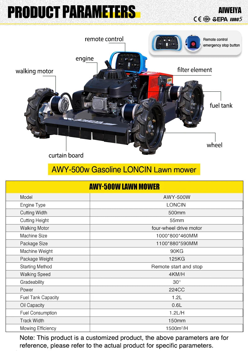 Customized  All-Terrain Remote Control Rubber whee Lawn Mower Mountain Slope Grass Shredder Crawler Type Self-Propelled Hot Sale