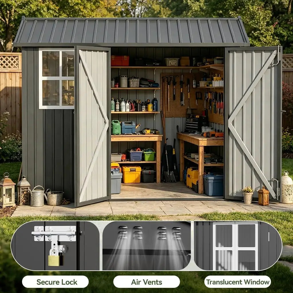 Weather-Resistant Metal Storage Shed Window & Lockable & Ventilated Backyard, Custom