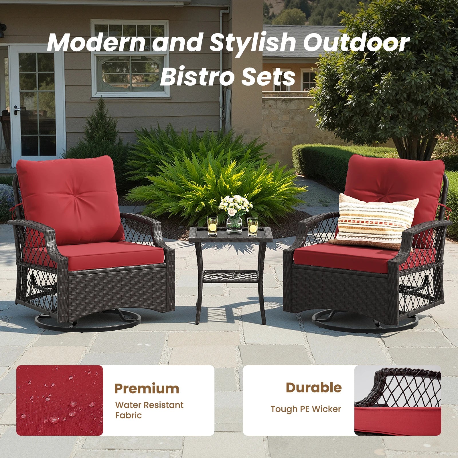 Farini 3-Piece Swivel Patio Bistro Set, Wicker Furniture, Swivel Glider Chairs with Cushions & Table,All-Weather Rattan, Porch