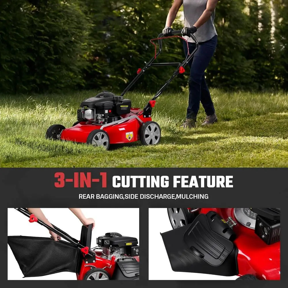 3-in-1 131cc 4-Cycle Gas Lawn Mower with 50L Grass Bag, Adjustable Cutting Height, Quiet & Fuel-Efficient for Yard Work