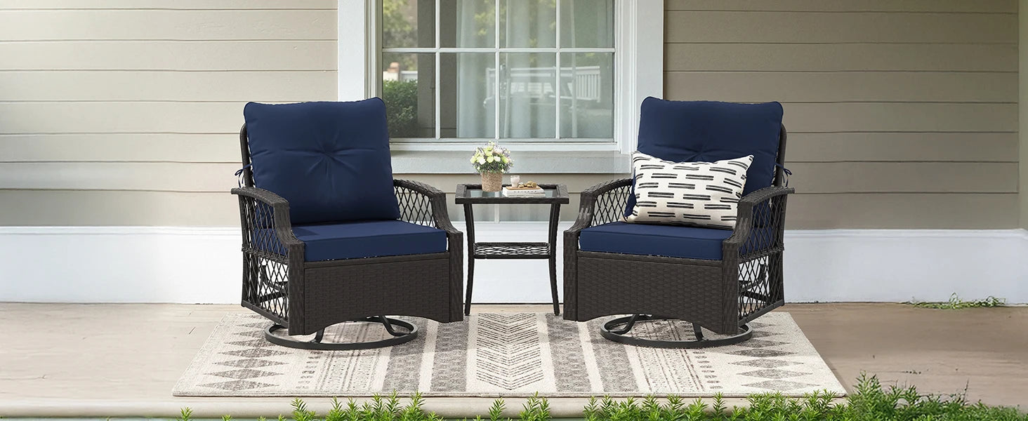 Farini 3-Piece Swivel Patio Bistro Set, Wicker Furniture, Swivel Glider Chairs with Cushions & Table,All-Weather Rattan, Porch