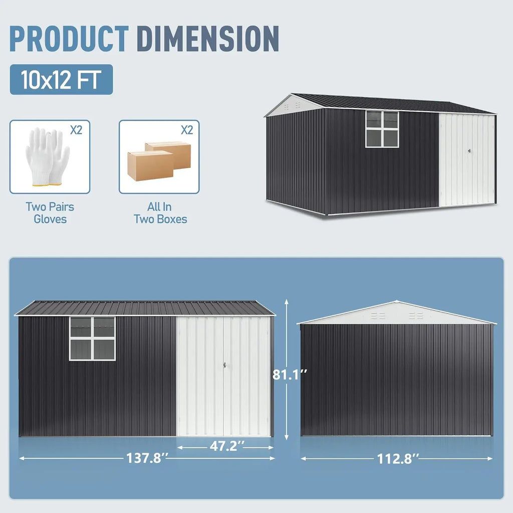 VIWAT 10x12~12x14 FT Outdoor Metal Storage Shed with Window, Lockable Garden Tool Shed, Heavy-Duty Frame, Backyard Patio Black