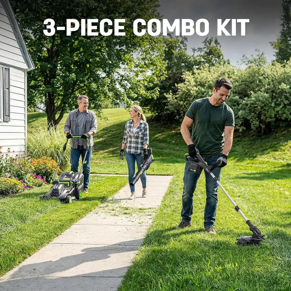 40V 17" Electric Lawn Mower & 12" String Trimmer & 500CFM Leaf Blower Combo Set, 3-in-1 Yard Care Kit with 3x4.0Ah Batteries & D