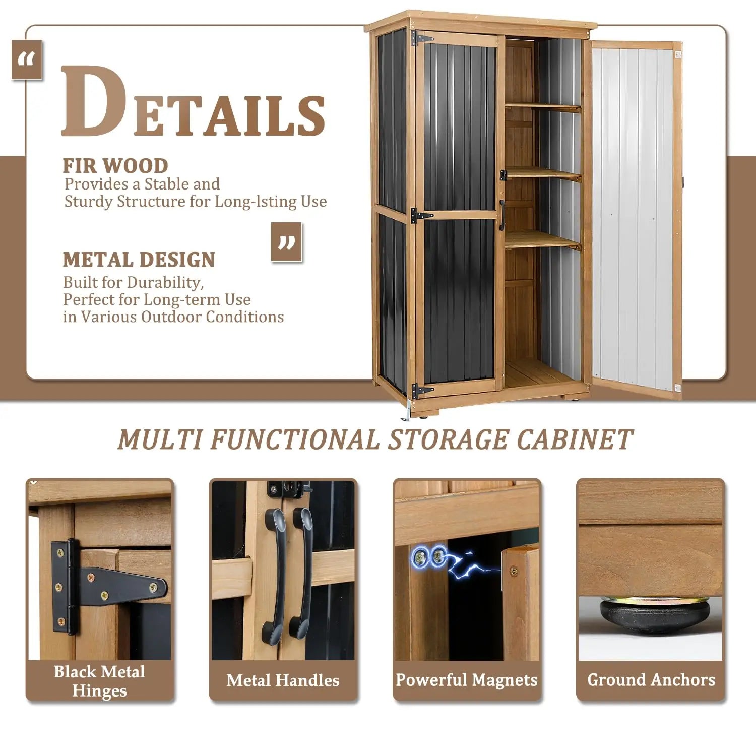 Outdoor Storage Cabinet, Wood & Metal Storage Shed with Weather-Resistant Roof, Removable Shelves, Lockable Doors, Customized