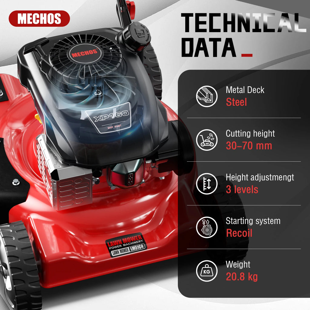 Gas Powered Push Lawnmower, 20-Inch Cutting Deck, 144cc 4-Stroke Engine, 2-in-1 Function (Side Discharge/Mulching), Lightweight