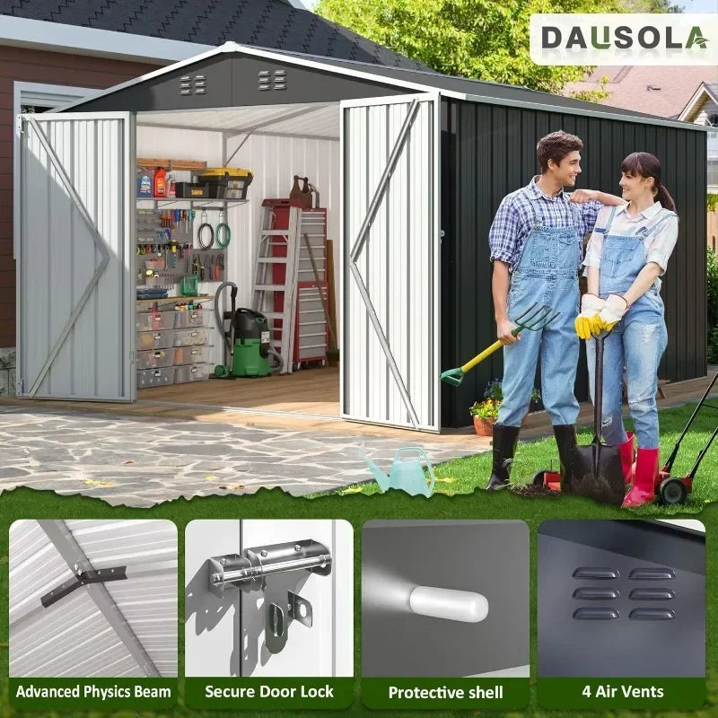 DAUSOLA 8.2x12 FT Outdoor Storage Shed,Metal Garden Tool Shed with Updated Frame Structure and Lockable Doors,Ideal for Backyard