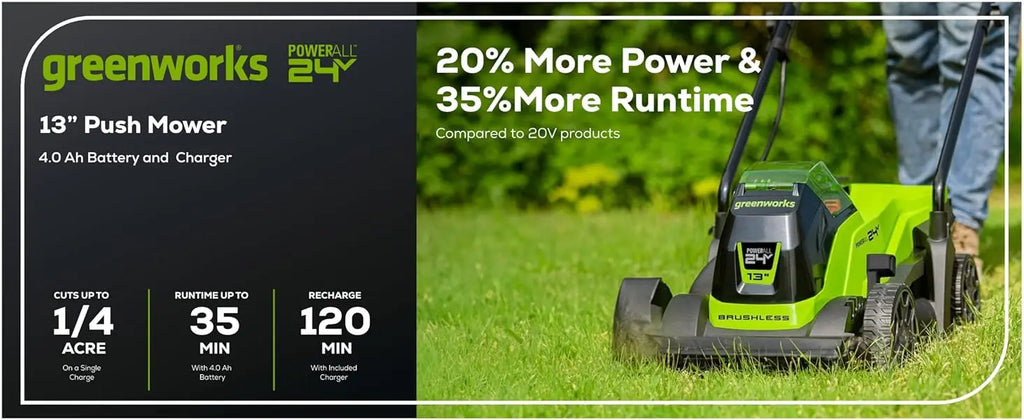 Greenworks 24V 13\" Brushless Cordless Push Lawn Mower DIY Grade 4.0Ah Battery & Charger Included For Cutting Grass
