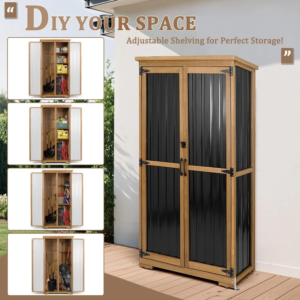 Outdoor Storage Cabinet, Wood & Metal Storage Shed with Weather-Resistant Roof, Removable Shelves, Lockable Doors, Customized
