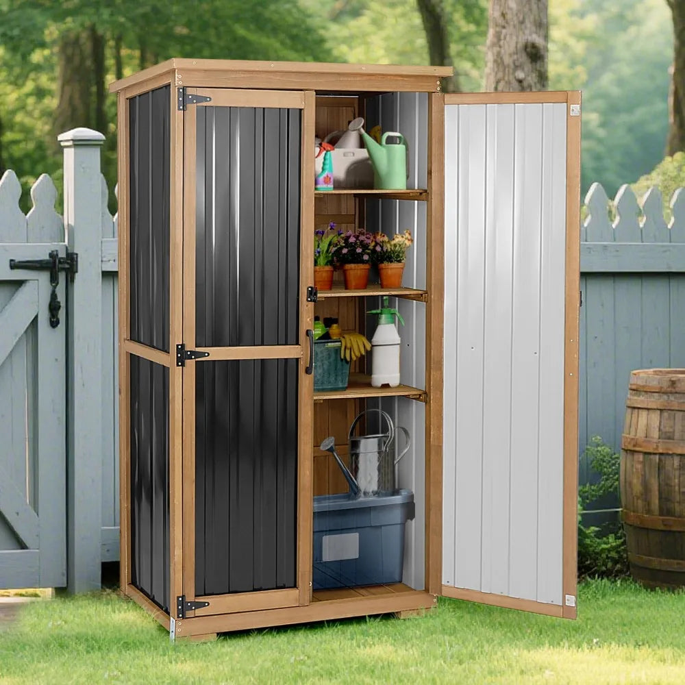 Outdoor Storage Cabinet, Wood & Metal Storage Shed with Weather-Resistant Roof, Removable Shelves, Lockable Doors, Customized