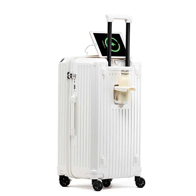2024 New Large Capacity Cup Holder Luggage Suitcase USB Charging Women Girl Carry-On Boarding Luggage Travel 20/24/26/28 inch